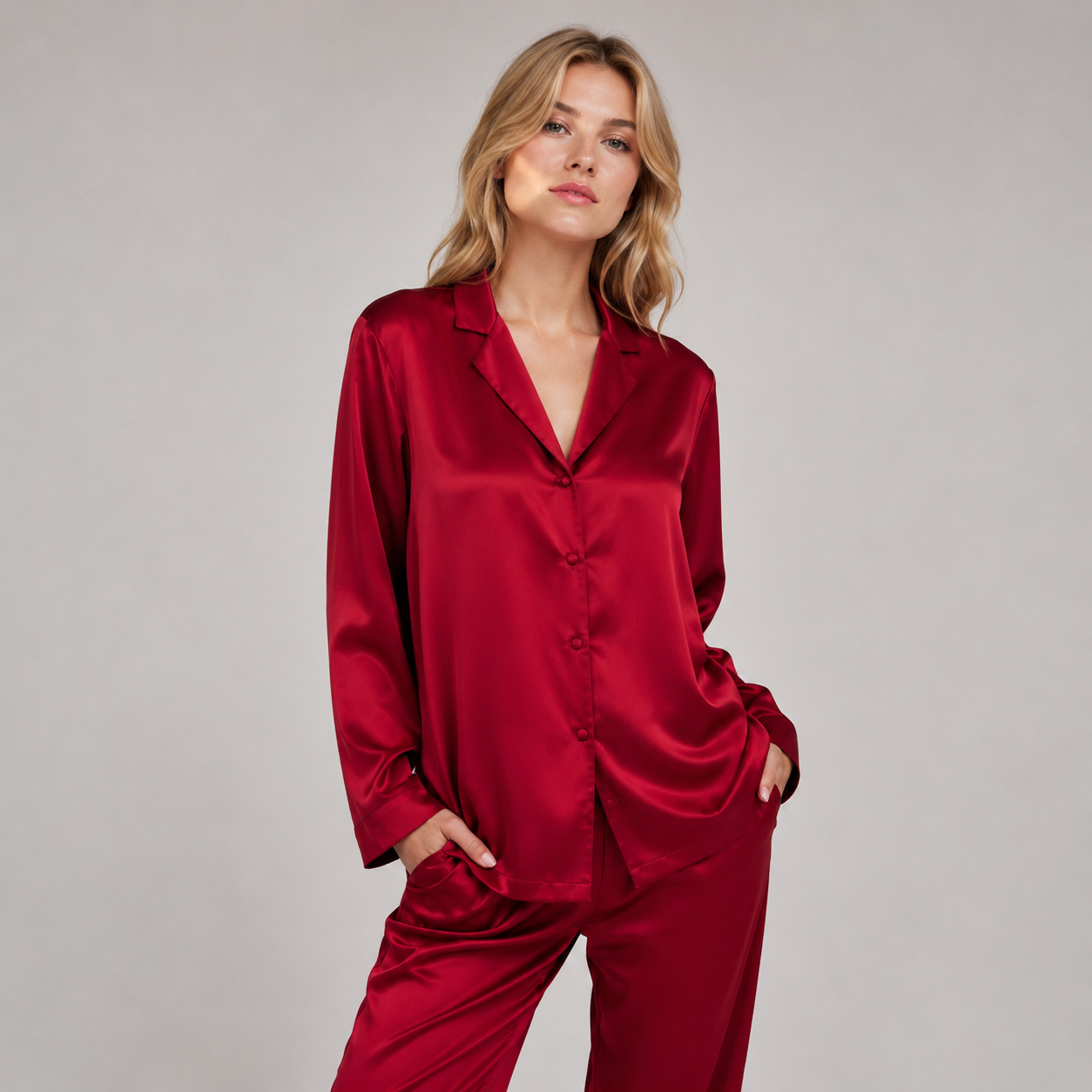 Long Premium Silk PJ Set RED