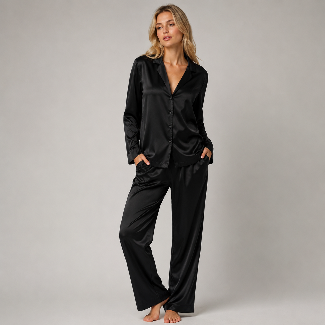 Long Premium Silk PJ Set Black